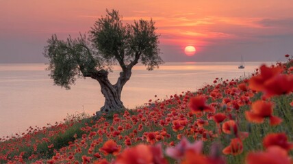 A photograph showcases a solitary, gnarled olive tree on a hillside covered in vibrant red poppy flowers, overlooking the sea at sunset.
