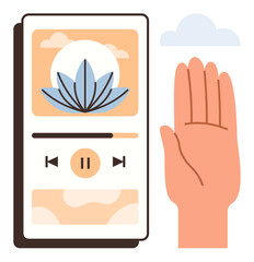Smartphone screen displaying serene lotus-themed meditation app alongside an open hand gesture. Ideal for mindfulness, meditation, mental health, relaxation, wellness apps, self-care, focus. Simple