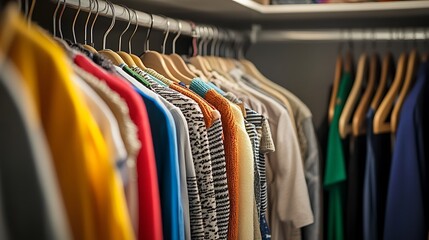 Wardrobe with clothes hanging on rail in walk in closet design interior