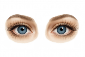 Pair of realistic blue female eyes with detailed eyelashes and blonde eyebrows looking forward, portraying human vision