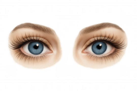 Pair of realistic blue female eyes with detailed eyelashes and blonde eyebrows looking forward, portraying human vision