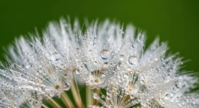 Close up macro shot of a dandelion seed head with many water droplets glistening
