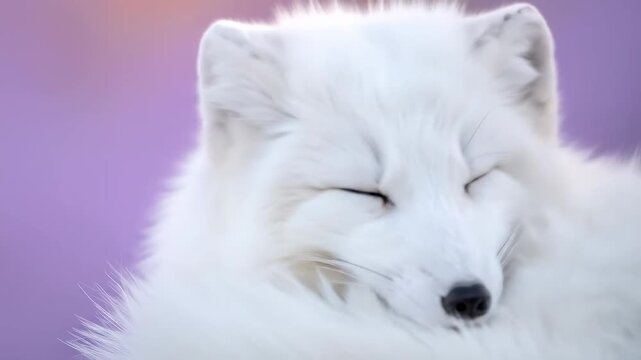 Close-up of a beautiful arctic fox with white fur and black eyes, resting peacefully in a serene natural setting, showcasing its calm and gentle demeanor.