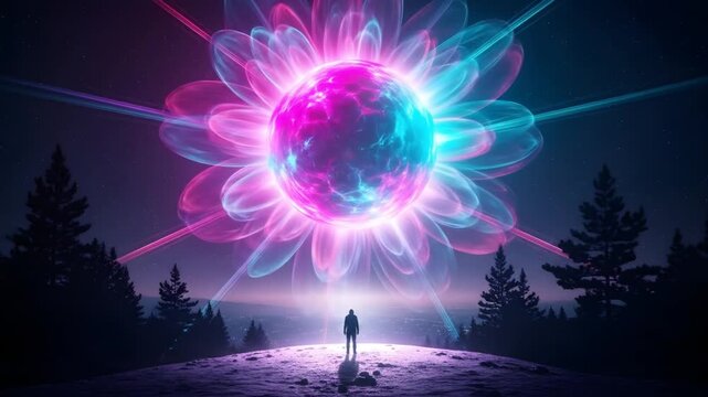 A lone figure stands on a hill, gazing at a vibrant, glowing, flower-like cosmic entity radiating colorful light beams into the night sky.