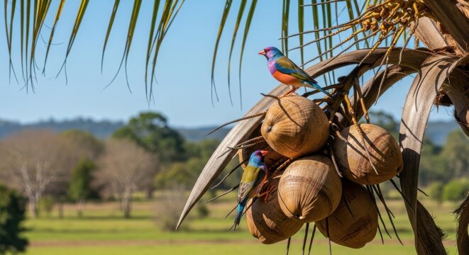 Colorful Gouldian Finches Perched on a Coconut Palm Tree