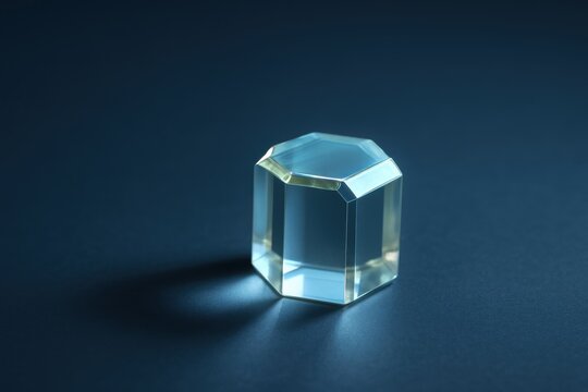 Transparent polished YAG crystal with faceted edges reflecting light on a dark surface