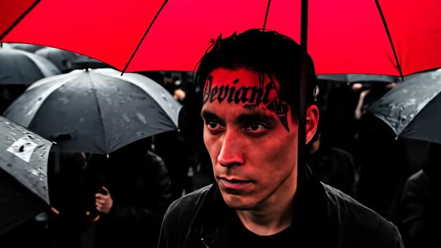 Dare to be different red umbrella stands out in sea of black umbrellas