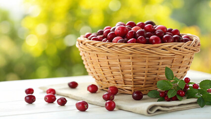 Cranberries in basket on surface in natural warm sunlight background