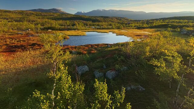 Aerial view of Abisko National Park, Northern Sweden. Landscape with lakes, mountains and northern nature in Abisko National Park at beautiful sunrise. Swedish Lapland