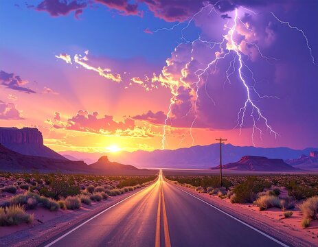 Scenic desert highway sunset storm - Powered by Adobe
