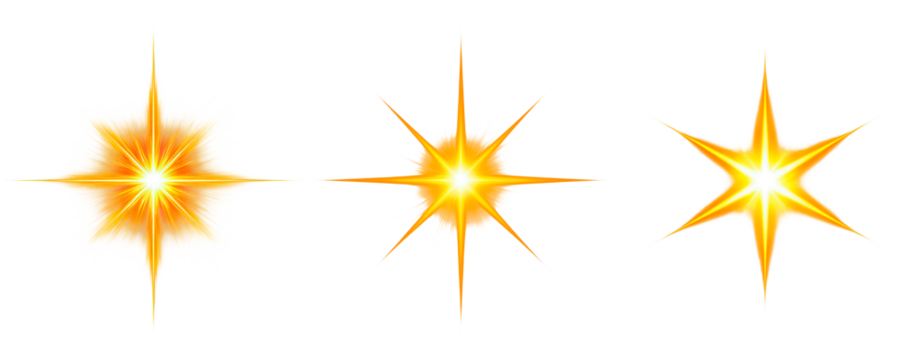Golden starburst set with radiant glow and diverse burst patterns on transparent background