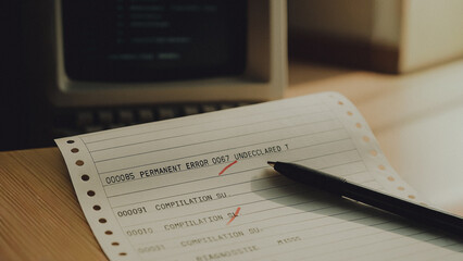 An old computer screen displays cryptic lines of code, while a paper printout with handwritten edits lies beside a pen on a desk, a metaphor for vintage tech and software development.