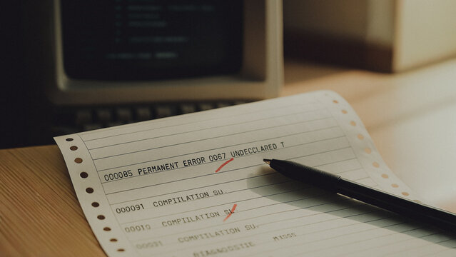 An old computer screen displays cryptic lines of code, while a paper printout with handwritten edits lies beside a pen on a desk, a metaphor for vintage tech and software development. - Powered by Adobe