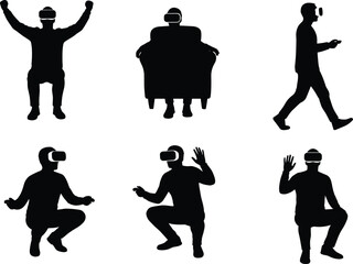 Silhouettes of people wearing VR headsets, standing, sitting, squatting, walking, waving, interacting, gaming, immersive posture, virtual reality experience, digital lifestyle