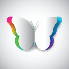 Vector paper butterfly cut with rainbow layer reveal. White minimalist 3D paper cut design with smooth shadows.