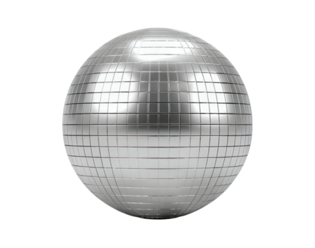 Reflective silver disco ball with grid pattern on transparent background
