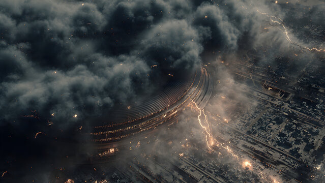An aerial, top-down view of a massive explosion on the ground, sending thick, dark smoke billowing outwards. Resembling lightning or electrical discharges, shoot through the smoke