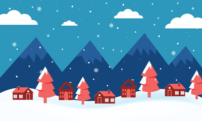 Winter landscape background with houses and trees