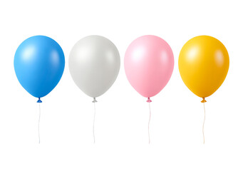 Colorful balloons floating: blue, white, pink, yellow celebration decor on transparent background