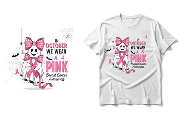 Cute Ghost Pink Ribbon T-Shirt | "In October We Wear Pink" Breast Cancer Awareness Tee