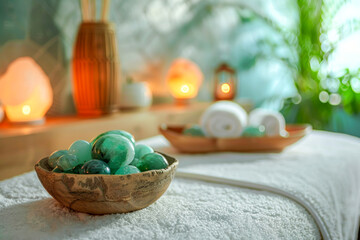 Wellness Background With Spa Stones And Towels On Massage Table In Warm Candlelight. Concept Of Relaxation Therapy, Healing, Wellness Retreat, Natural Beauty Rituals, And Luxury Spa Interior Visuals