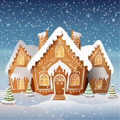 Fototapeta premium Magical Christmas illustration of a gingerbread house cottage covered in sweet icing and snow