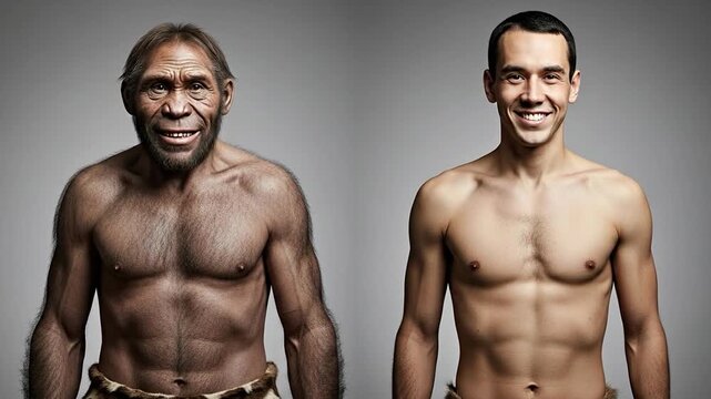 Neanderthal versus modern human body comparison side by side 
