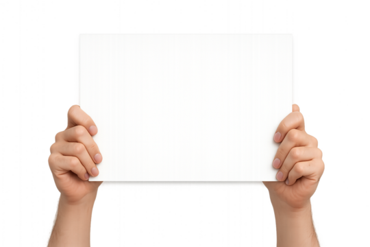 Hands holding blank white paper sheet isolated on clear background, mockup for message, text, or design presentation