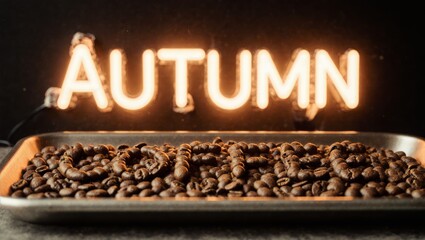 Coffee Beans on Metal Tray, Neon Autumn Sign Glow in Background, Cozy Roastery Night Background