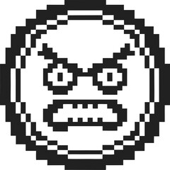 Fototapeta premium Angry pixel face expression black and white 8 bit emoticon illustration with aggressive eyes and mouth, retro digital art