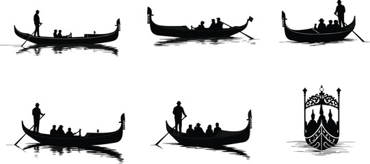 "Venetian gondola silhouettes with passengers and gondoliers on water, traditional boats reflections, cultural travel tourism vector illustration design" © Mam's Creations