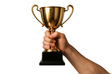 Golden trophy cup held in hand isolated on clear background, symbol of success, achievement, and victory