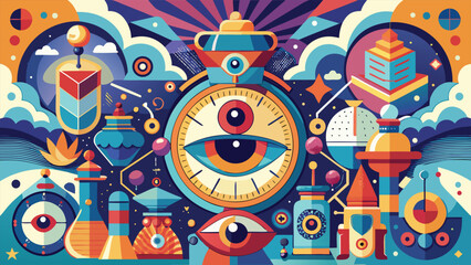 Colorful Geometric Abstract Illustration Featuring Eyes Spheres and Unique Architectural Structures in a Whimsical Fantasy World