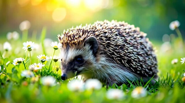 Adorable hedgehog foraging in a sun-drenched meadow filled with wildflowers.