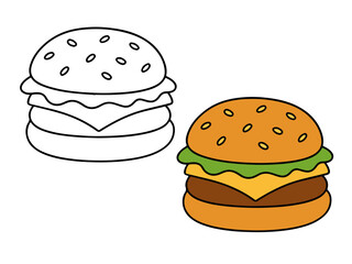Tasty burger outline illustration for coloring. Ideal for kids’ food-themed coloring books, creative worksheets, and printable art pages.