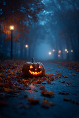 Halloween background, Jack-o'-lantern in a gloomy foggy park