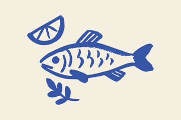 Fish with lemon and herb bold sketch food vector illustration