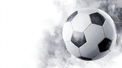 Soccer ball floating against an abstract gray grunge background with hexagonal grid overlay, representing sports technology, digital gaming, competition, and victory concepts