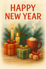 Watercolor-style illustration with gifts, candles, evergreen branches, and a warm mug. Perfect for holiday greeting cards and seasonal designs. AI generated
