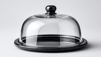 Obraz premium Empty glass cloche or food dome on display with a black handle and base, representing catering, serving, freshness, protection, and premium food presentation