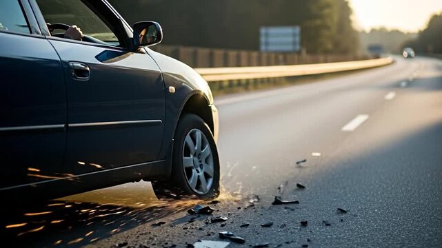 Car with flat tire limping slowly down road, urgent roadside assistance