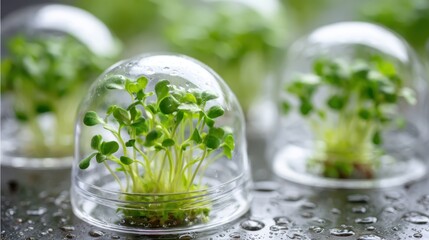 Growing green sprouts indoors, protected under glass domes, representing plant biotechnology, renewable energy, and sustainable agriculture innovation