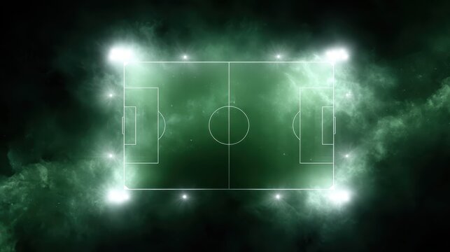 Soccer field with bright stadium lights glowing amidst a cosmic green nebula, creating an abstract and fantasy football stadium environment for sport events