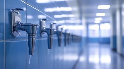 Water drinking fountains attached on a wall in a hospital corridor