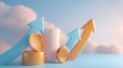 Playful 3D claymation finance background with soft pastel turquoise and sunlight tones, cheerful coins and upward arrows creating a modern business success and creative marketing concept