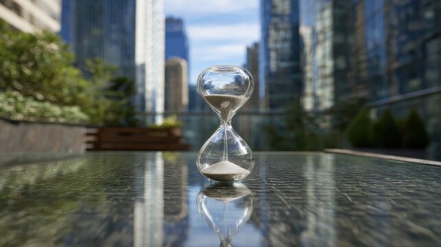 A close-up of an hourglass on a reflective surface with modern buildings in the background, symbolizing time management.
