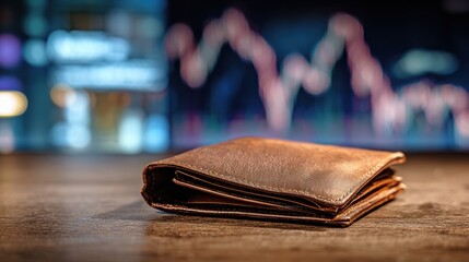 A close-up view of a brown leather wallet on a wooden table with blurred financial graphs in the background.
