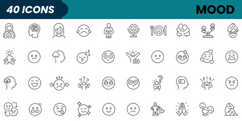 Mood Editable Icons set. Vector illustration in modern thin line style of human emotions related icons: happy, sad, nervous, and more.
