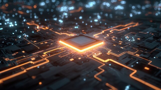 A close-up view of a glowing microchip surrounded by intricate circuits and lights, showcasing technological advancement.