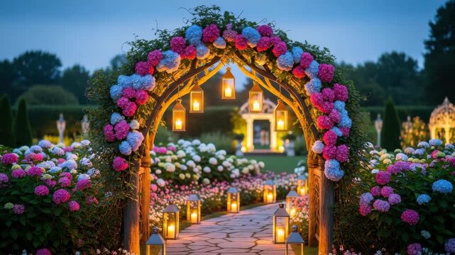 magical evening garden scene featuring wooden arch adorned with pink and blue hydrangeas and hanging lanterns A stone path lit by ground lanterns leads through colorful flowerbeds to soft-lit gazebo